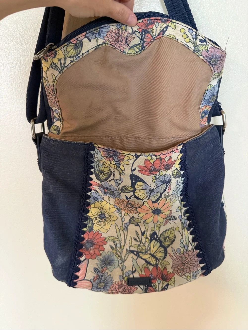 SAKROOTS Navy & Wildflower Butterfly Print Adjustable Crossbody Hobo Bag